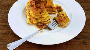 Cheddar And Corn Pulled Pork Pancakes With Jalapeno-Bacon Syrup